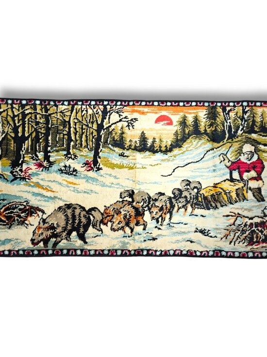 M.I.C. Den Other - Vintage 70s Tapestry Belgium Santa Dog Sled Velvet Carpet Wall Decor Lodgecore